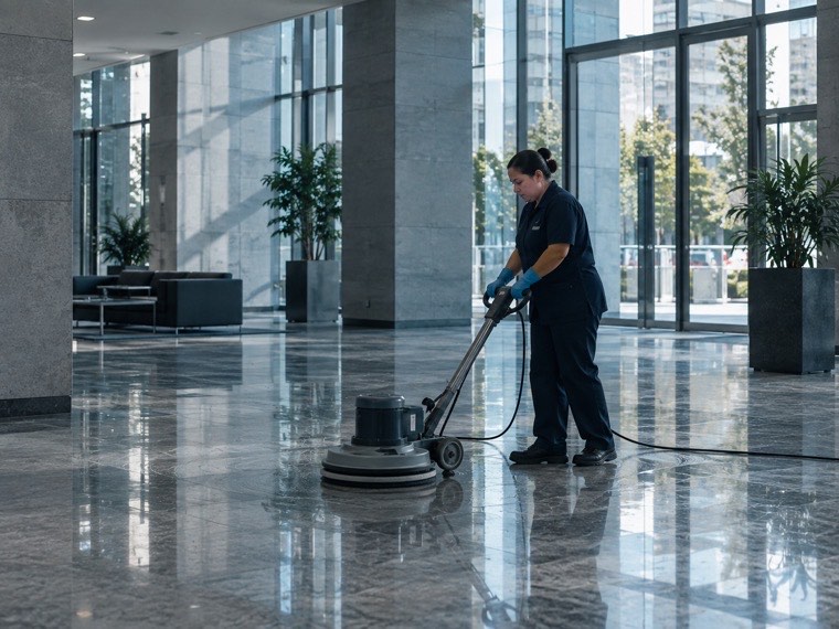 Auxiliar de aseo trabajando en un hall corporativo