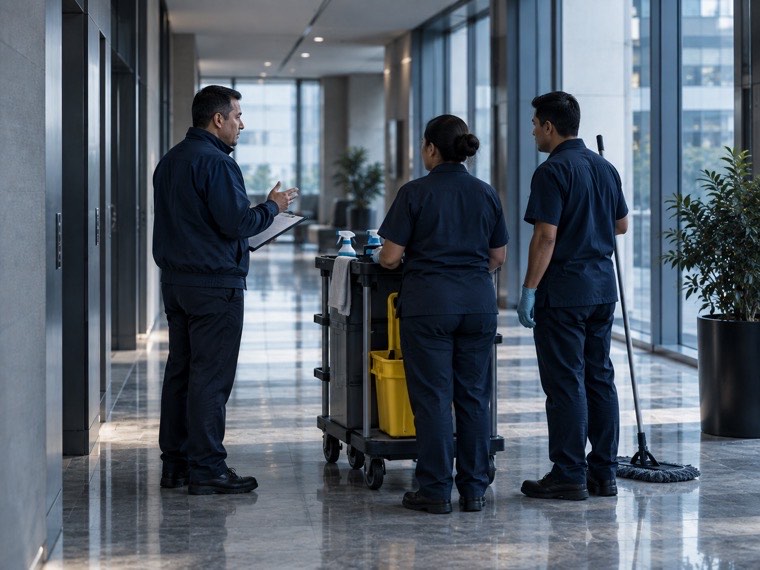 Equipo de aseo recibiendo instrucciones antes del turno