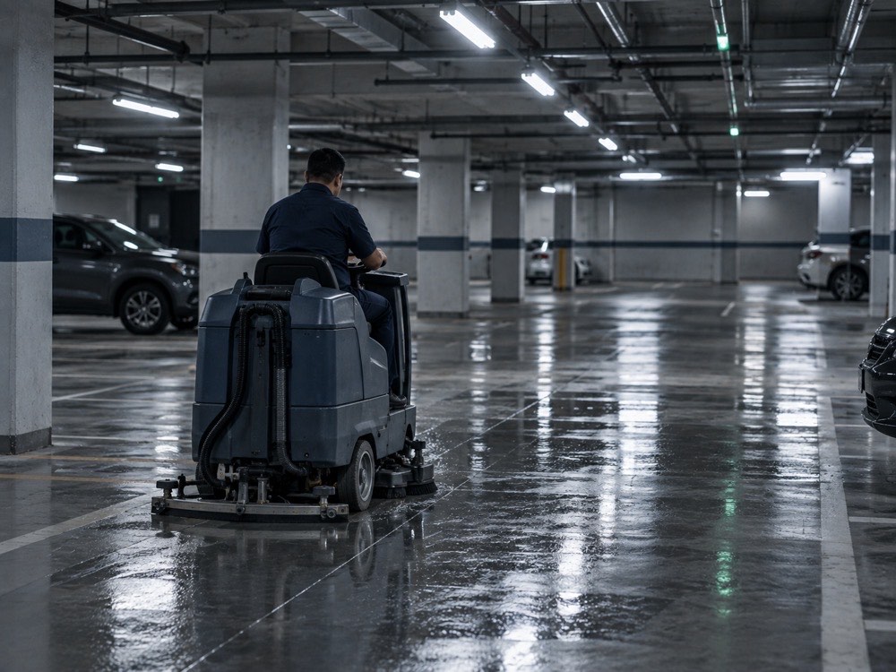 Máquina fregadora lavando el piso de un estacionamiento