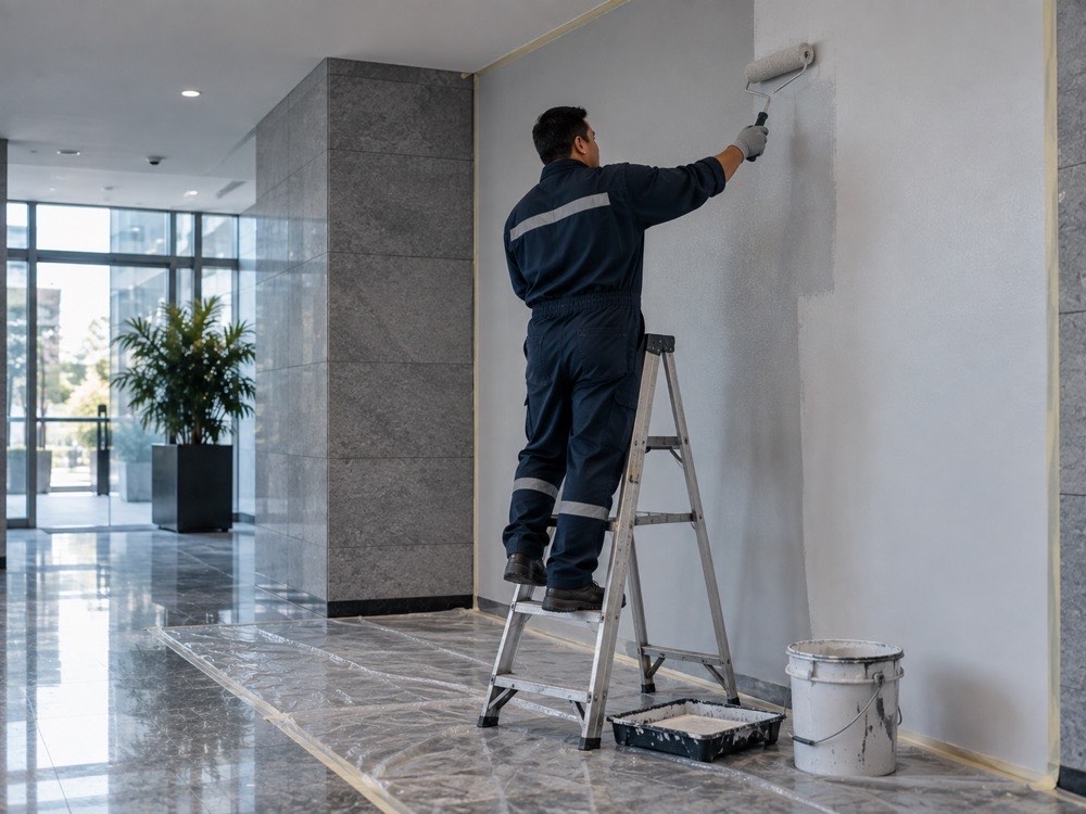 Maestro pintando el muro de un área común